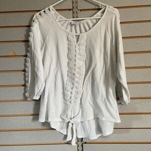 Fyve White Crochet Lace Trim Tie Front‎ Blouse Top Women's Medium